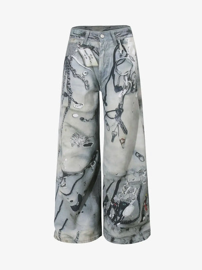 Abstract 3D Digital Print Wide-Leg Jeans 