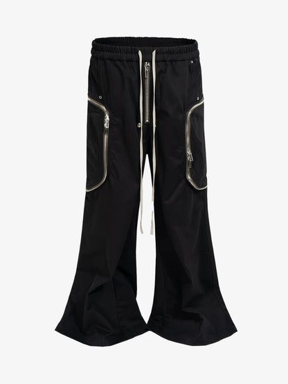 Black Nylon Cargo Pants – Wide-Leg Relaxed Fit with Zippered Pockets