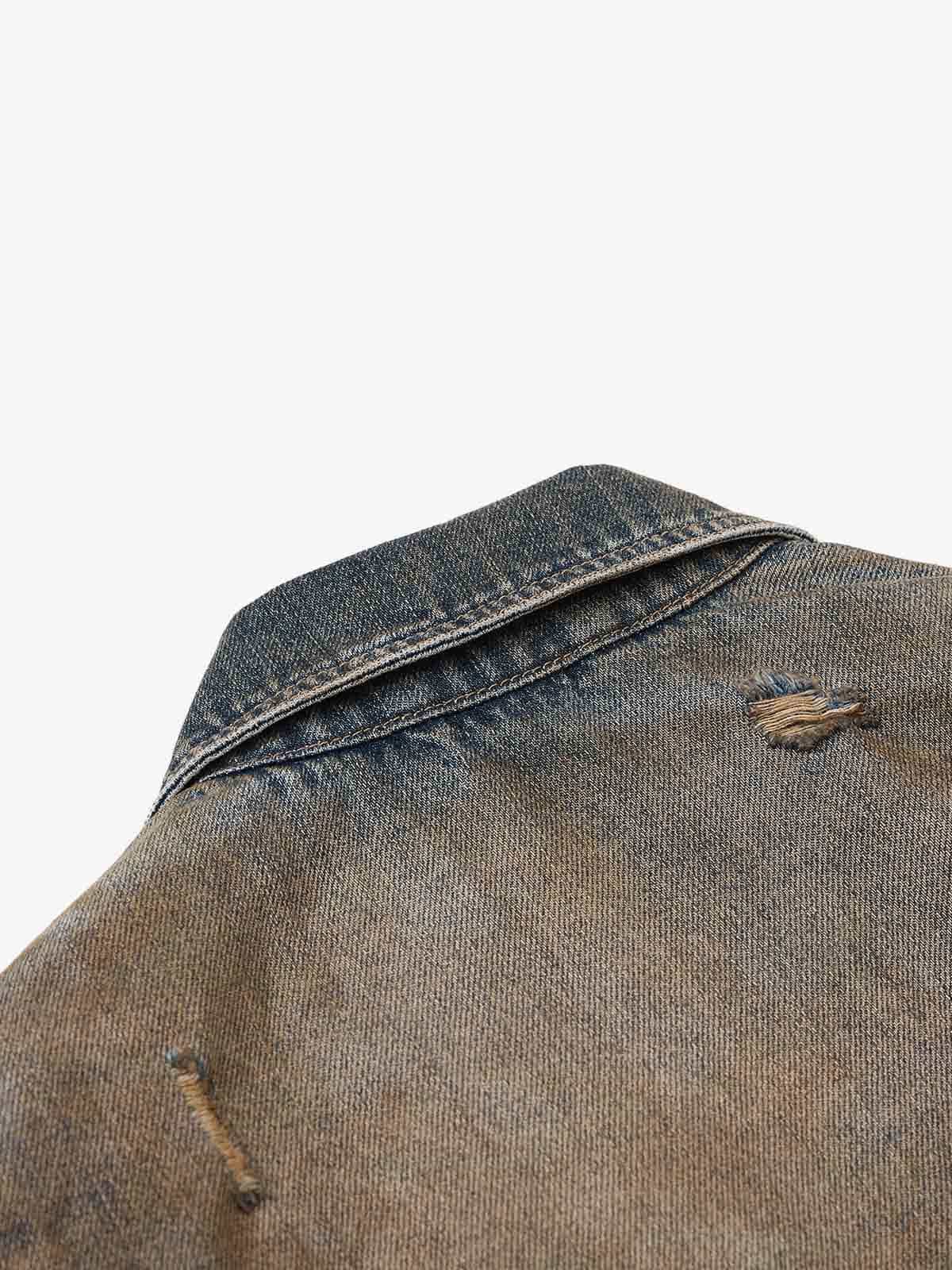 Vintage Washed Distressed Denim Zip Up Jacket 