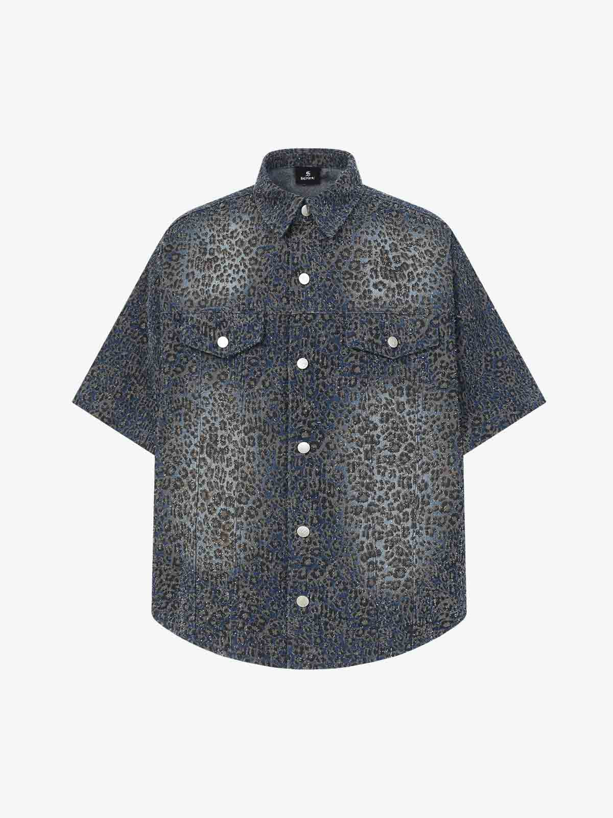 Vintage Leopard Print Washed Denim Short Sleeve Shirt 
