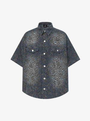 Vintage Leopard Print Washed Denim Short Sleeve Shirt 