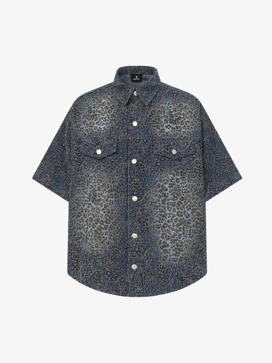 Vintage Leopard Print Washed Denim Short Sleeve Shirt 