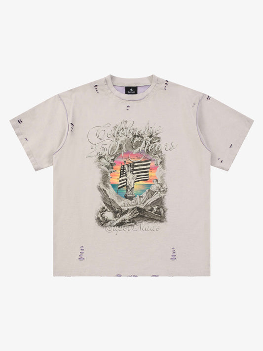 Statue of Liberty Graphic Distressed Reversible T-Shirt