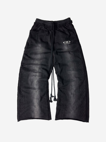 Washed Distressed Rhinestone Trim Sweatpants