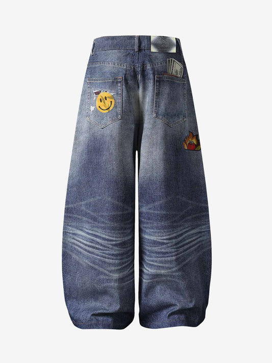 Washed Graffiti Patchwork Print Jeans 