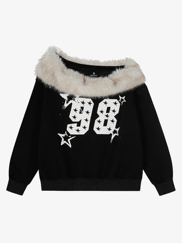 Off-Shoulder Fur Collar '98' Graphic Sweatshirt