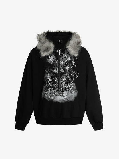 Detachable Fur Collar Printed Cardigan Half-Zip Hoodie 