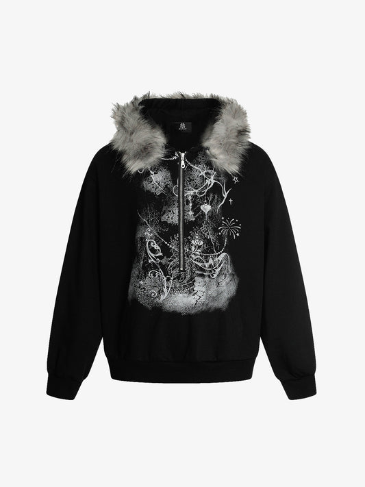Detachable Fur Collar Printed Cardigan Half-Zip Hoodie 