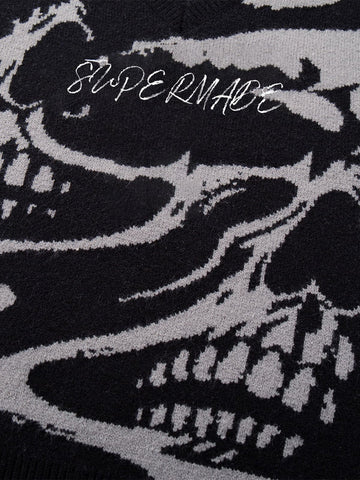 High Street Dark Skull Frayed-edge V-neck Sweater Vest 