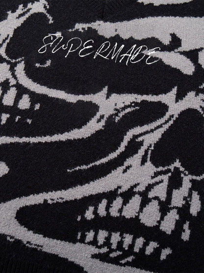 High Street Dark Skull Frayed-edge V-neck Sweater Vest 