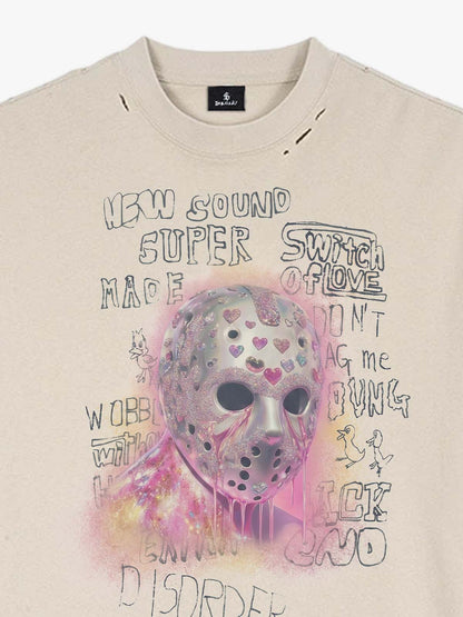Distressed Heart Cutout Skull Mask Graphic T-Shirt 