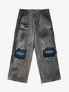 Distressed Washed Ripped Letter Patchwork Wide Leg Jeans 