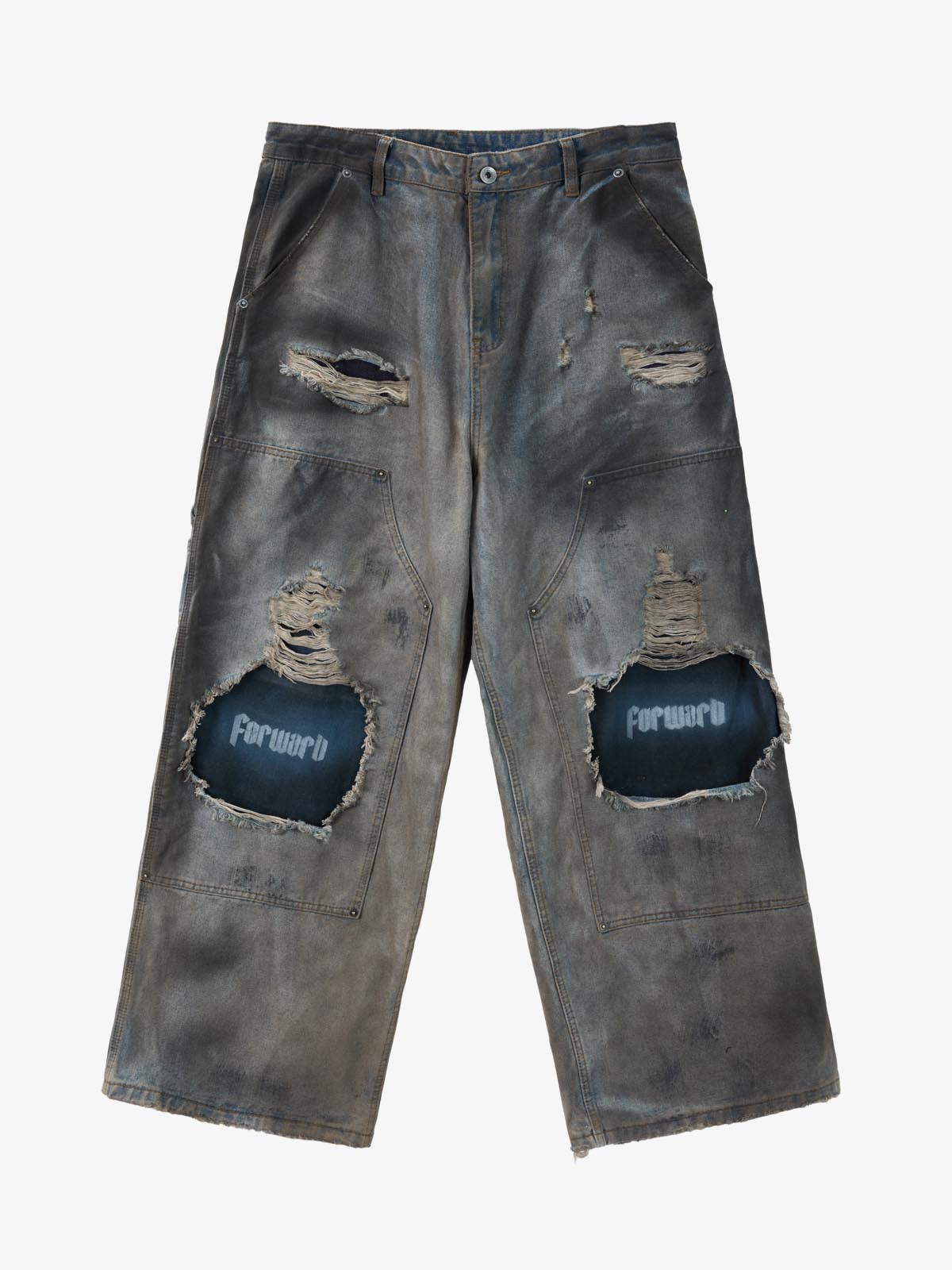 Distressed Washed Ripped Letter Patchwork Wide Leg Jeans 