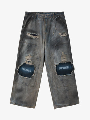 Distressed Washed Ripped Letter Patchwork Wide Leg Jeans 