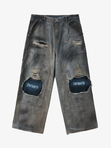 Distressed Washed Ripped Letter Patchwork Wide Leg Jeans 