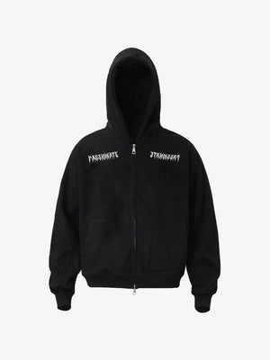 Vintage Suede Letter Embroidered Cropped Zip Up Hoodie 