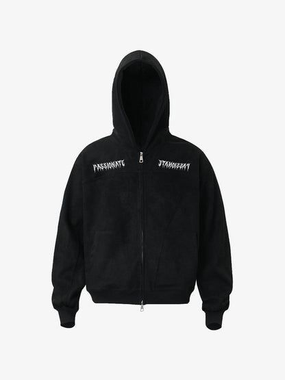 Vintage Suede Letter Embroidered Cropped Zip Up Hoodie 