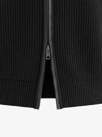 Leather Patch Embroidered Zip Cardigan
