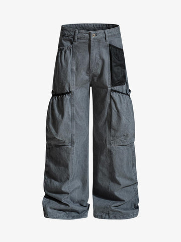 Industrial Grey Mesh Patchwork Multi-Pocket Cargo Pants 