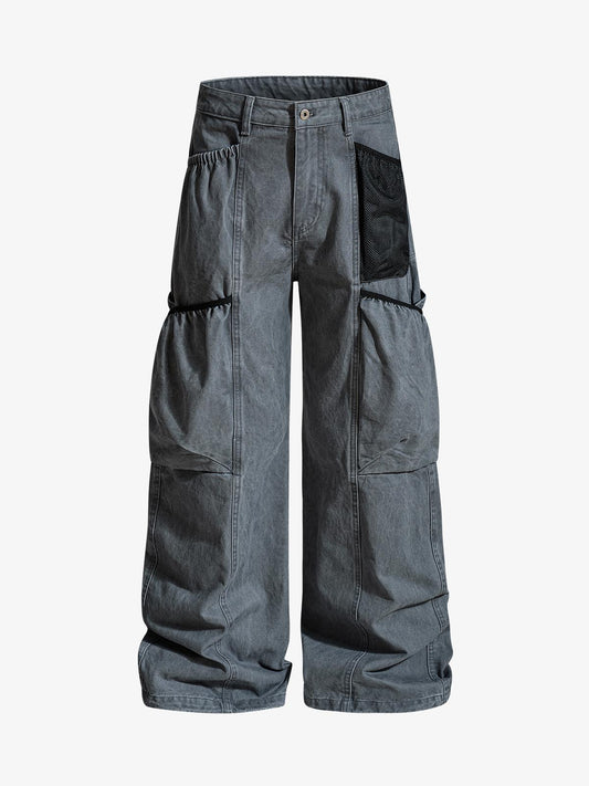 Industrial Grey Mesh Patchwork Multi-Pocket Cargo Pants