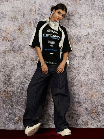 Deconstructed Contrast Stitching Pleated Baggy Barrel Jeans - 2343 