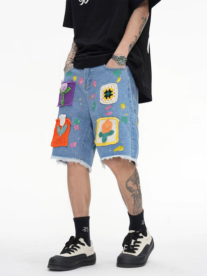 Street Patch Flower Embroidered Cat Whiskers Denim Shorts- 2032 