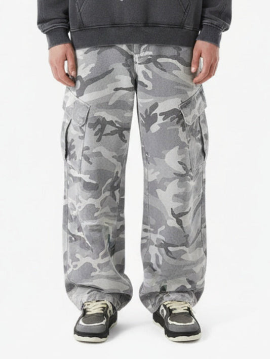 Snow Camouflage Machete Wide-Leg Cargo Barrel Pants - 2548 