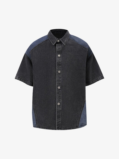 Deconstructed Patchwork Short-Sleeve Cropped Denim Set 