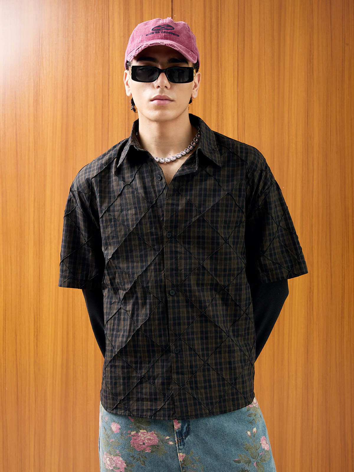 Heavy Plaid Pleated Striped Faux Two-Piece Polo Shirt 