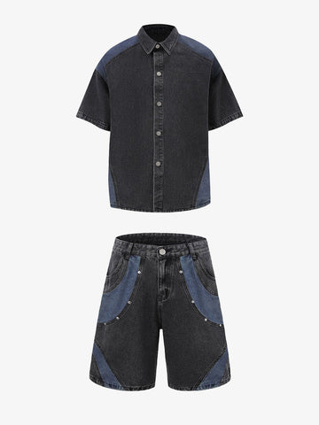 Deconstructed Patchwork Short-Sleeve Cropped Denim Set 