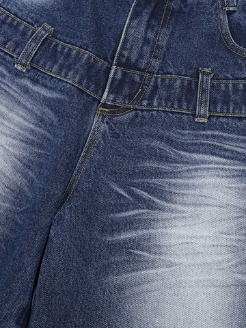 Distressed Washed Workwear Denim Shirt And Jorts Set 