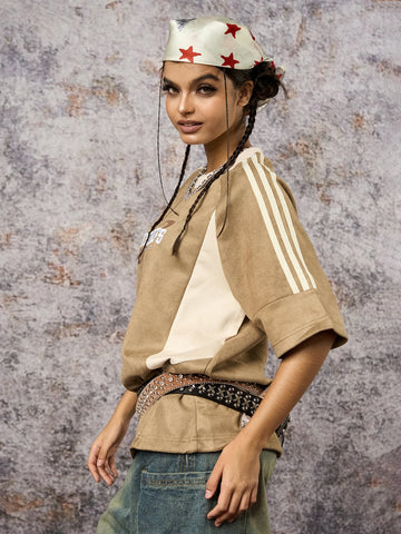 Suede Contrast Color Spliced Letter Embroidery Oversize T-shirt 