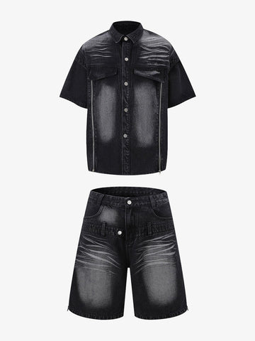 Distressed Washed Workwear Denim Shirt And Jorts Set 