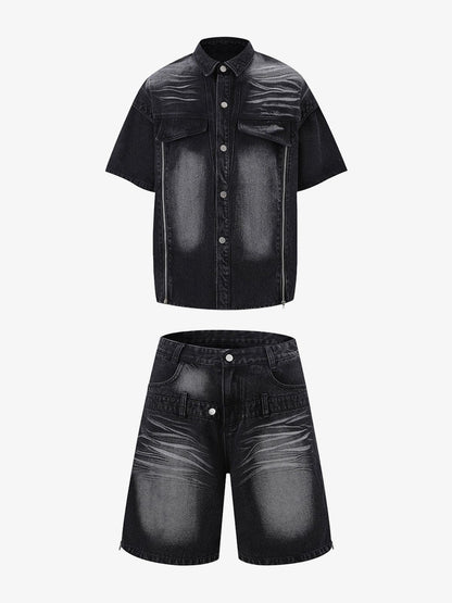 Distressed Washed Workwear Denim Shirt And Jorts Set 
