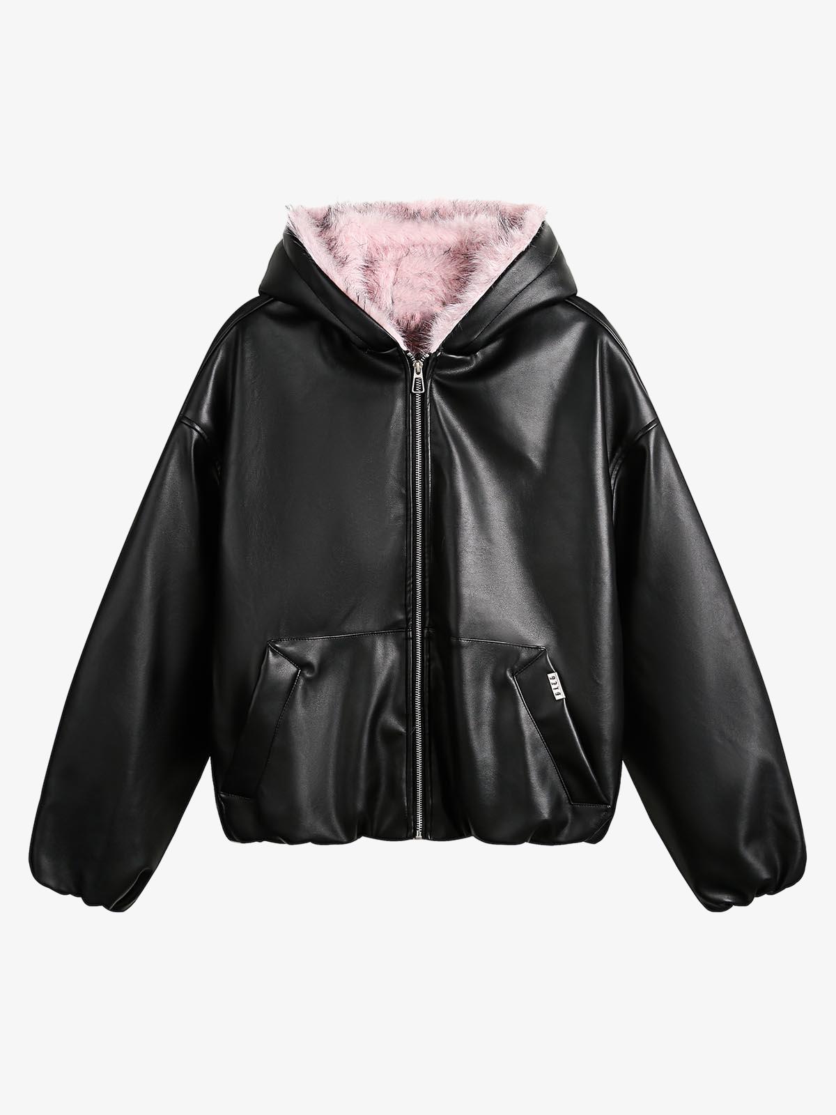 Leather Pink Fur Hooded Quilted Jacket - 2535 