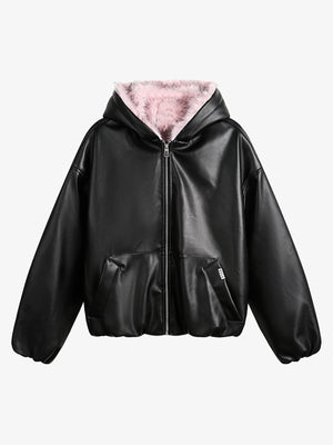 Leather Pink Fur Hooded Quilted Jacket - 2535 