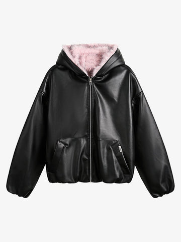 Leather Pink Fur Hooded Quilted Jacket - 2535 
