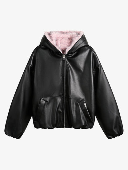 Leather Pink Fur Hooded Quilted Jacket - 2535 