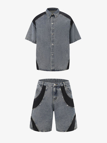 Deconstructed Patchwork Short-Sleeve Cropped Denim Set 