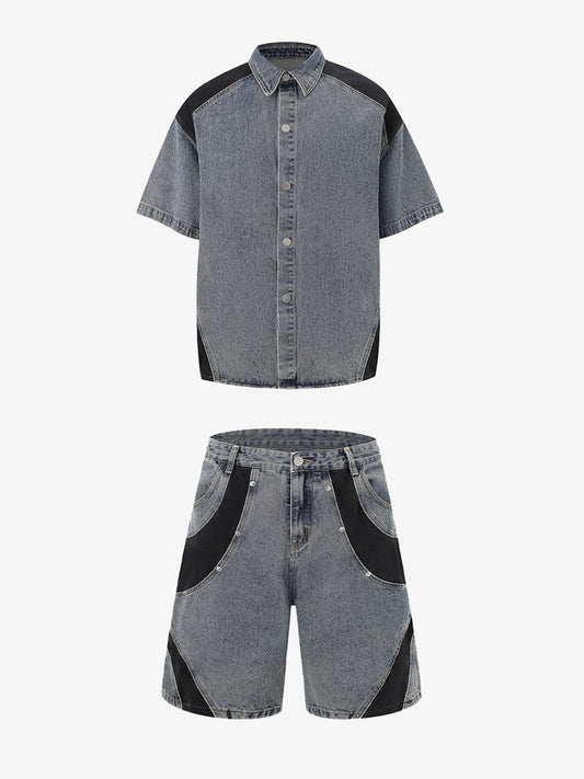 Deconstructed Patchwork Short-Sleeve Cropped Denim Set 