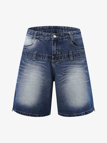 Thesupermade Old Washed Double Waistband Design Denim Jorts 