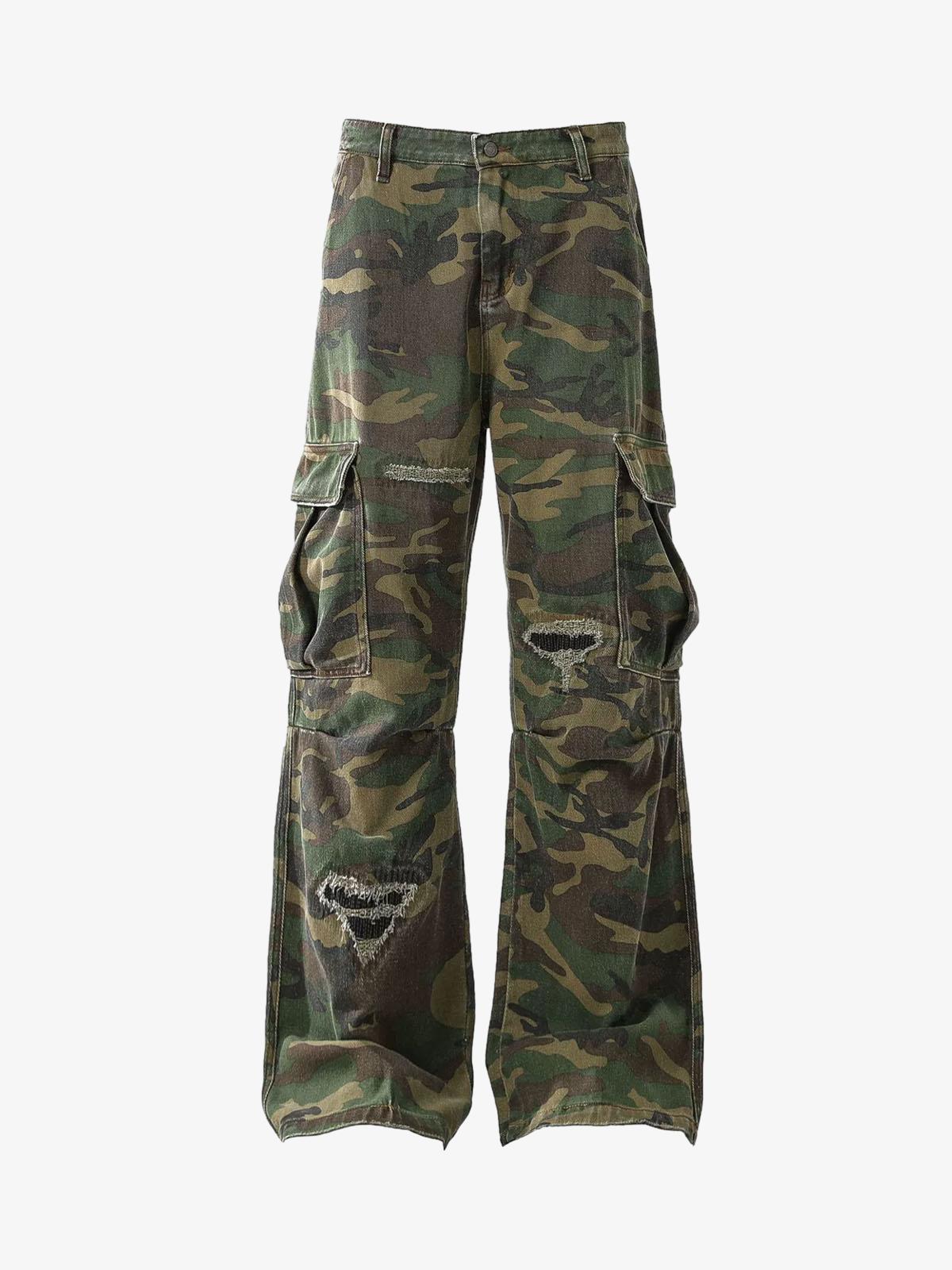 Woven Ripped Camouflage Cargo Baggy Pants - 2410 