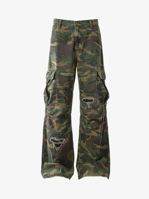 Woven Ripped Camouflage Cargo Baggy Pants - 2410 