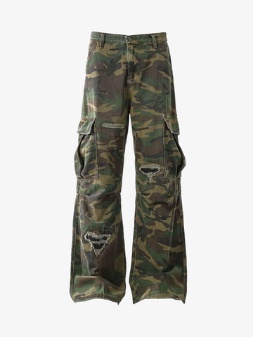Woven Ripped Camouflage Cargo Baggy Pants - 2410 
