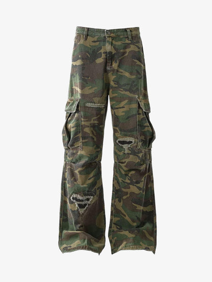 Woven Ripped Camouflage Cargo Baggy Pants - 2410 