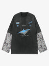 Washed Faux Two-Piece Racing Long Sleeve T-shirt - 2543 