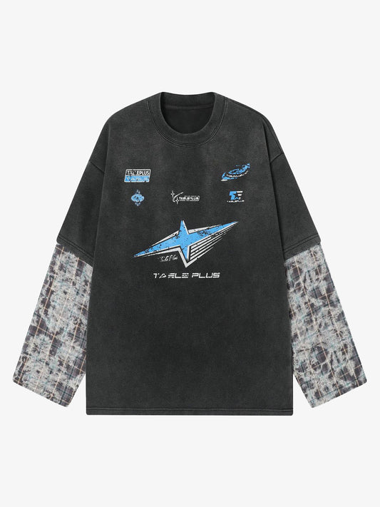 Washed Faux Two-Piece Racing Long Sleeve T-shirt - 2543 