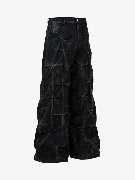Denim Heavy Washed Distressed Pleated Baggy Jeans - 2282 