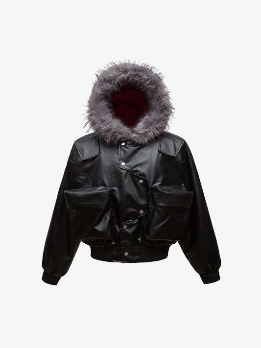 Deconstructed Multi Pocket Fur Hooded PU Leather Jacket - 2566 