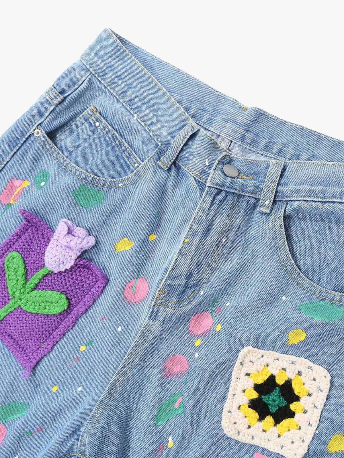 Street Patch Flower Embroidered Cat Whiskers Denim Shorts- 2032 